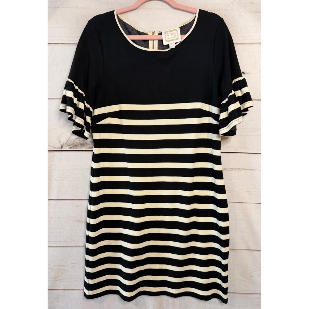 Sail to Sable Black White Striped Ruffle Sleeve Shift Dress Large STS RN142602